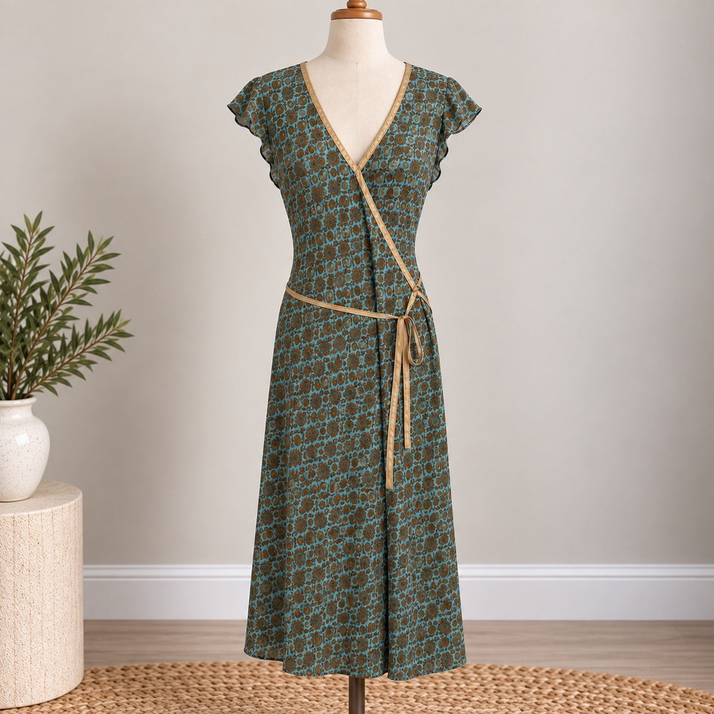 Willie Faux Wrap Dress Teal Copper Floral Flutter Sleeve Midi Sz M Made in USA